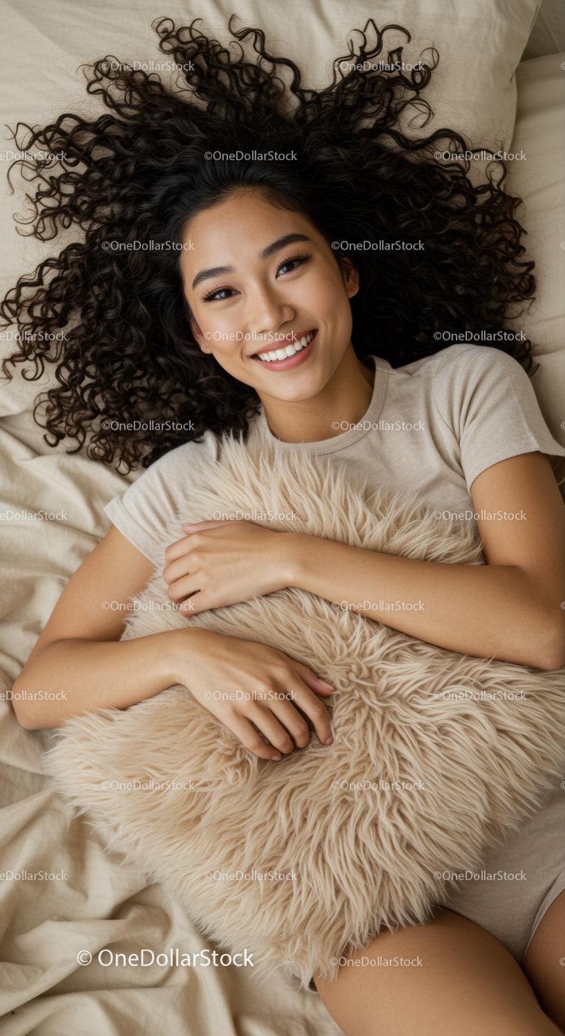 Smiling woman with curly hair lying on bed with soft pillow