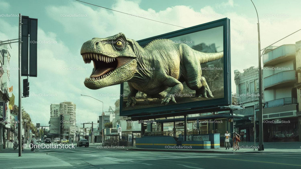 3D Tyrannosaurus dinosaur bursting through a large billboard on a city street