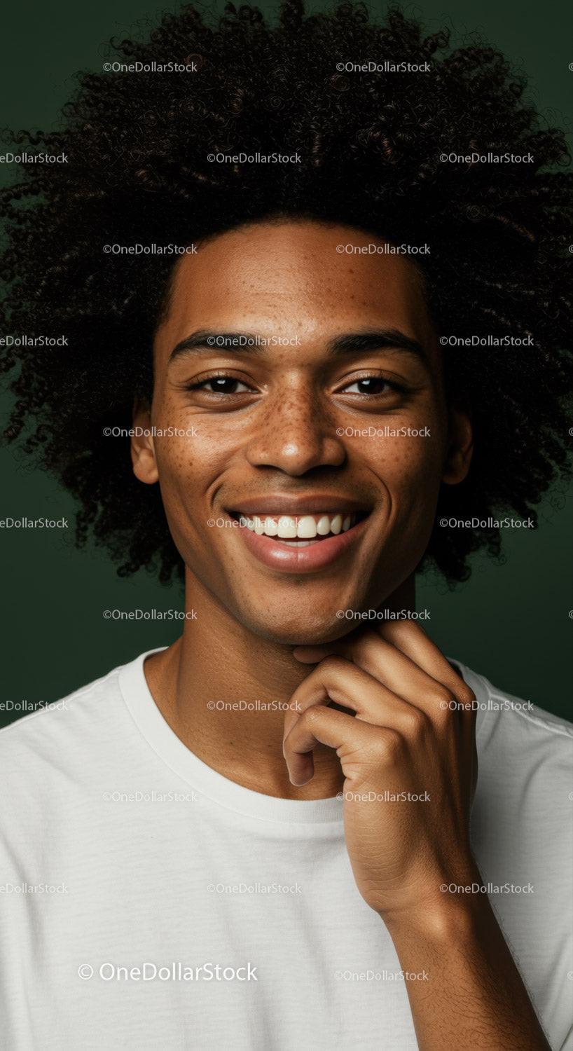 Portrait of a Smiling Young Man with Curly Hair in a Studio Setting