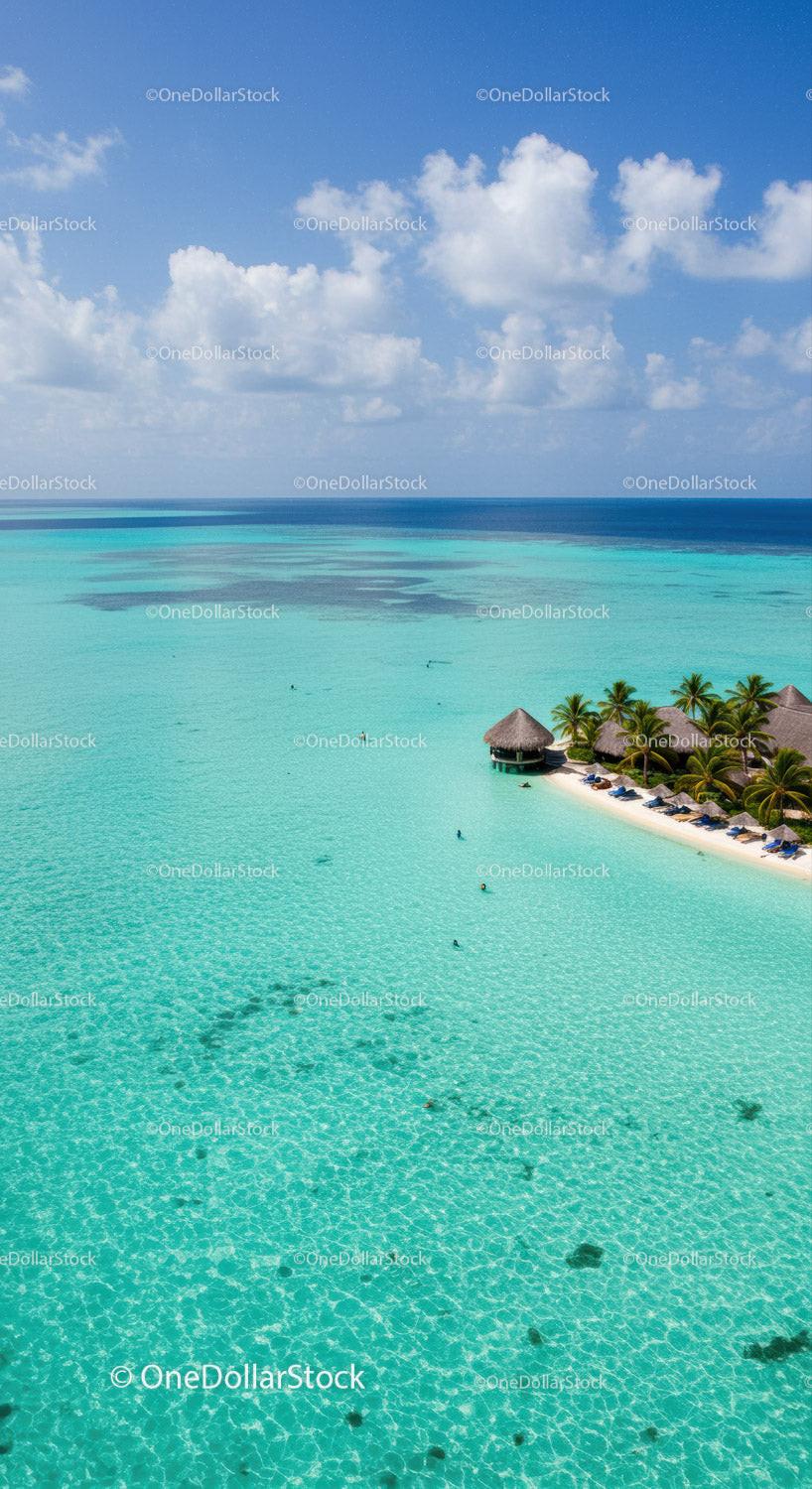Idyllic Tropical Beach with Overwater Bungalows and Calming Blue Ocean