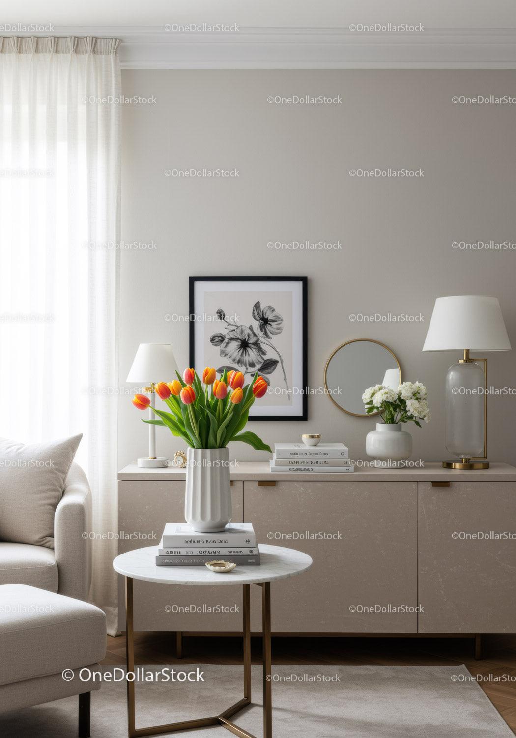Elegant Modern Living Room with Beige Sofa and Tulip Flower Arrangement