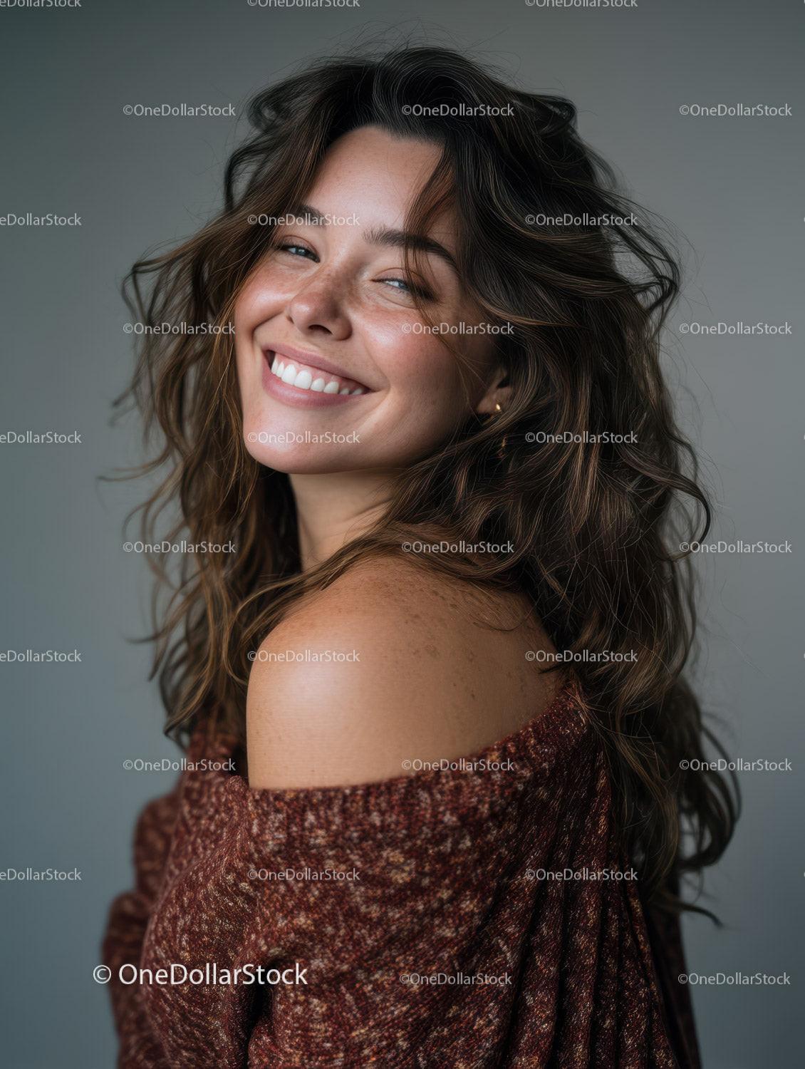 Joyful Woman with Curly Hair Smiling in Casual Sweater