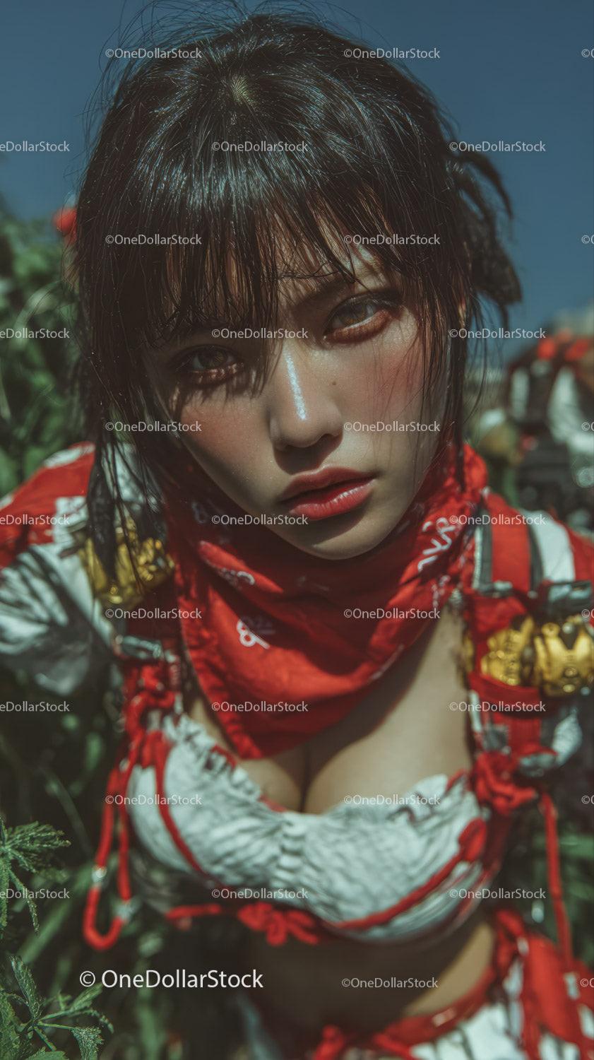 Young Woman with Wet Hair and Red Bandana in Lush Green Outdoors