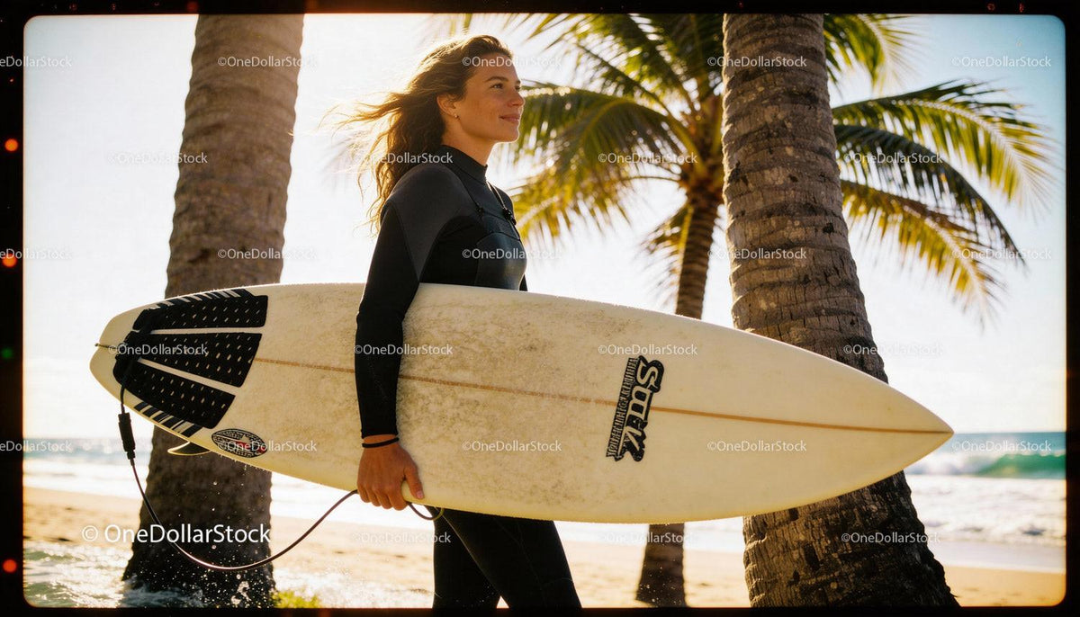 Confident surfer woman holding board at tropical beach
