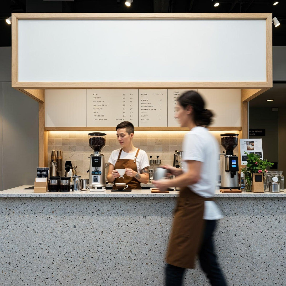 Baristas preparing coffee in modern minimalist cafe interior JPG Mockup Image preview