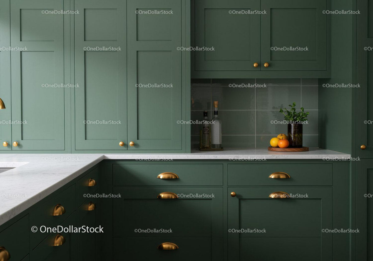 Modern Green Kitchen with Gold Hardware and Fresh Fruits