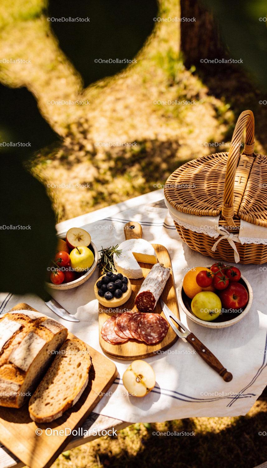 Rustic Picnic Spread with Bread, Cheese, and Fresh Fruits