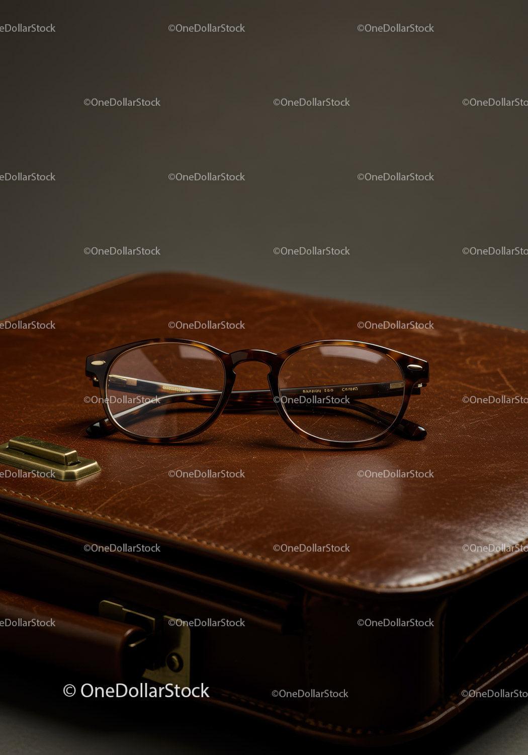 Elegant Brown Acetate Glasses on Leather Briefcase in Office Setting