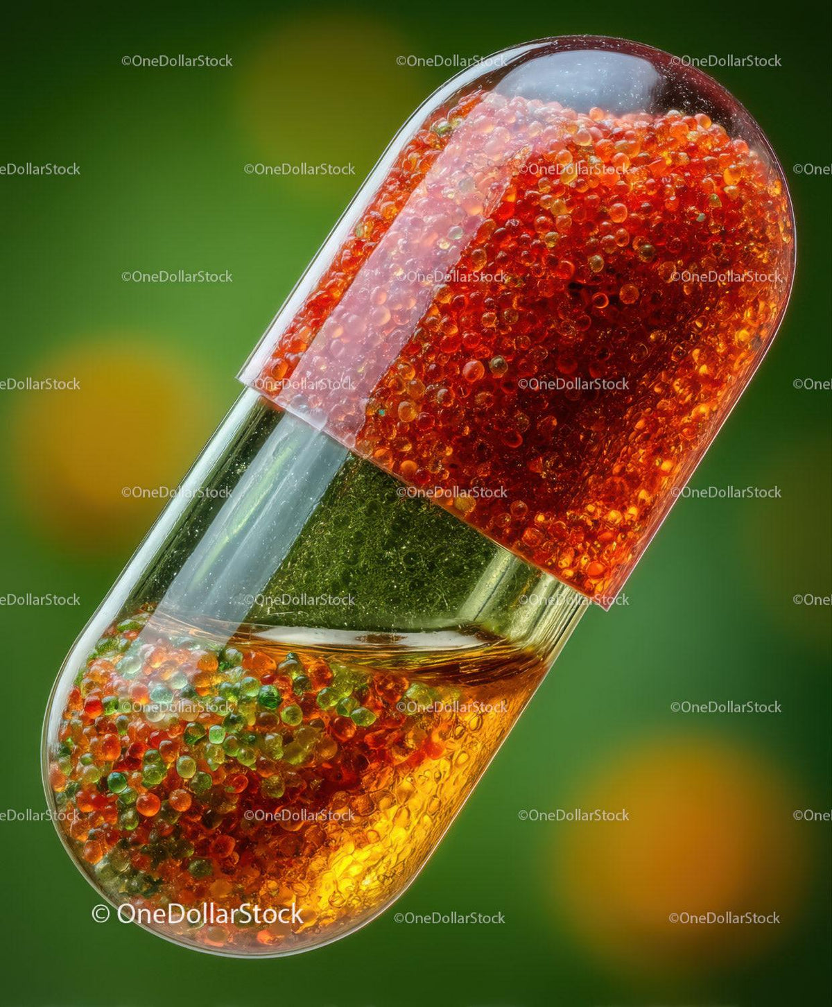 Close-up photo of a clear gel capsule filled with orange and green beads