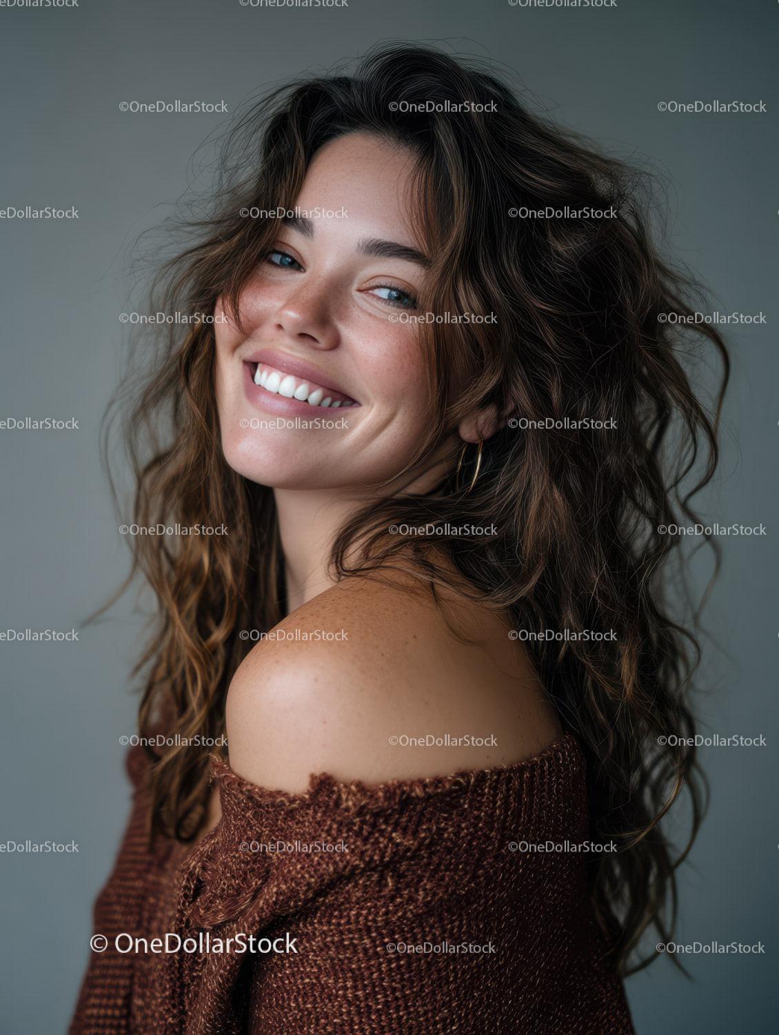 Portrait of a Smiling Woman with Curly Hair in Casual Attire