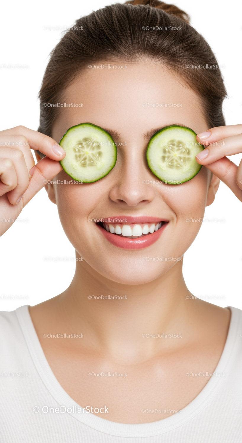 Bright Smiling Woman Holding Cucumber Slices Over Her Eyes for Skin Care