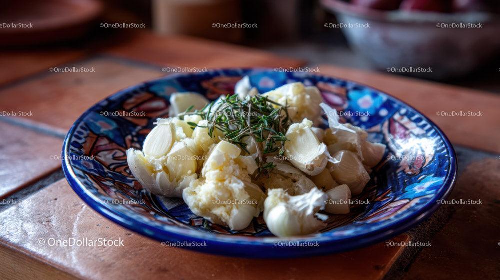 Fresh Garlic Cloves with Herbs on Rustic Kitchen Table