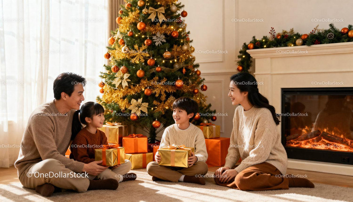 Family enjoying Christmas morning with gifts by tree