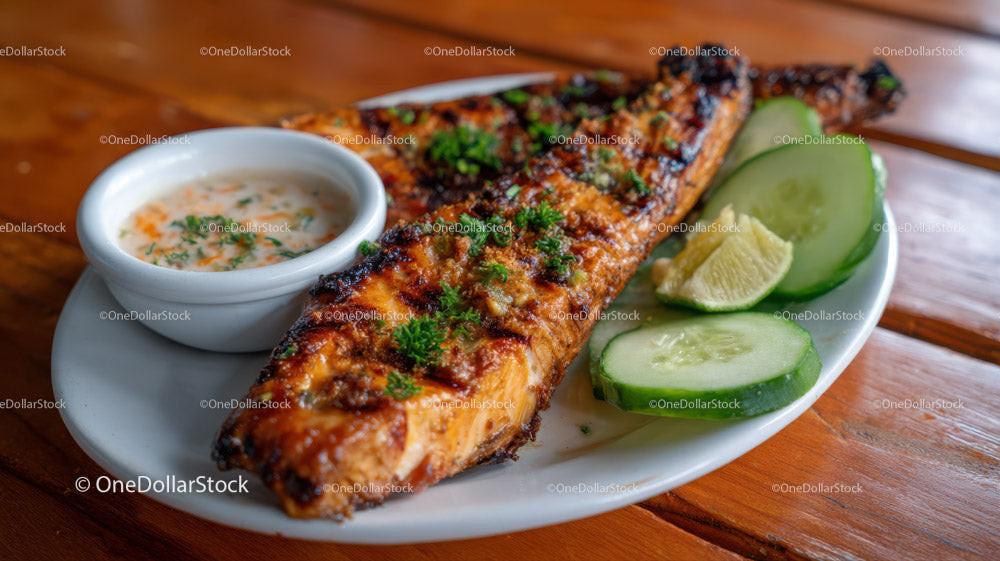 Grilled Fish with Cucumber Slices on Rustic Wooden Table Stock Photo Bundle preview 7