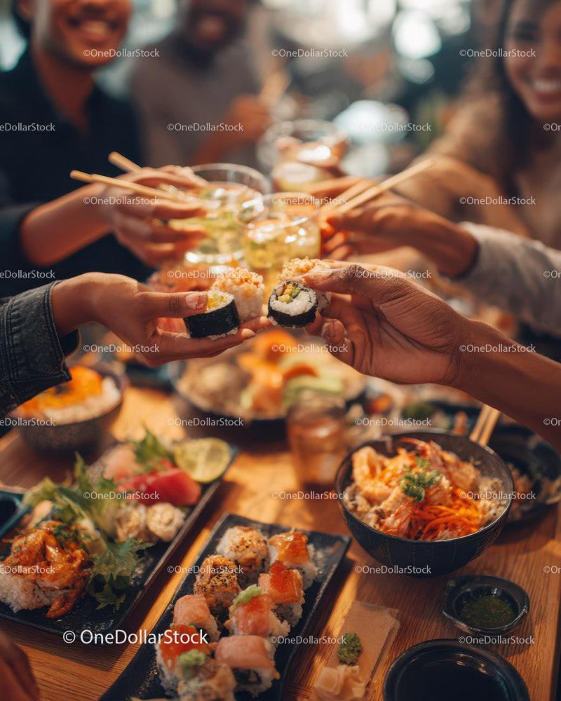 Diverse group of friends enjoying colorful sushi in modern restaurant Stock Photo Bundle preview 13