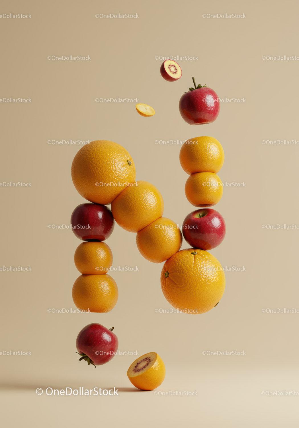 Floating fruits forming the letter N on beige background