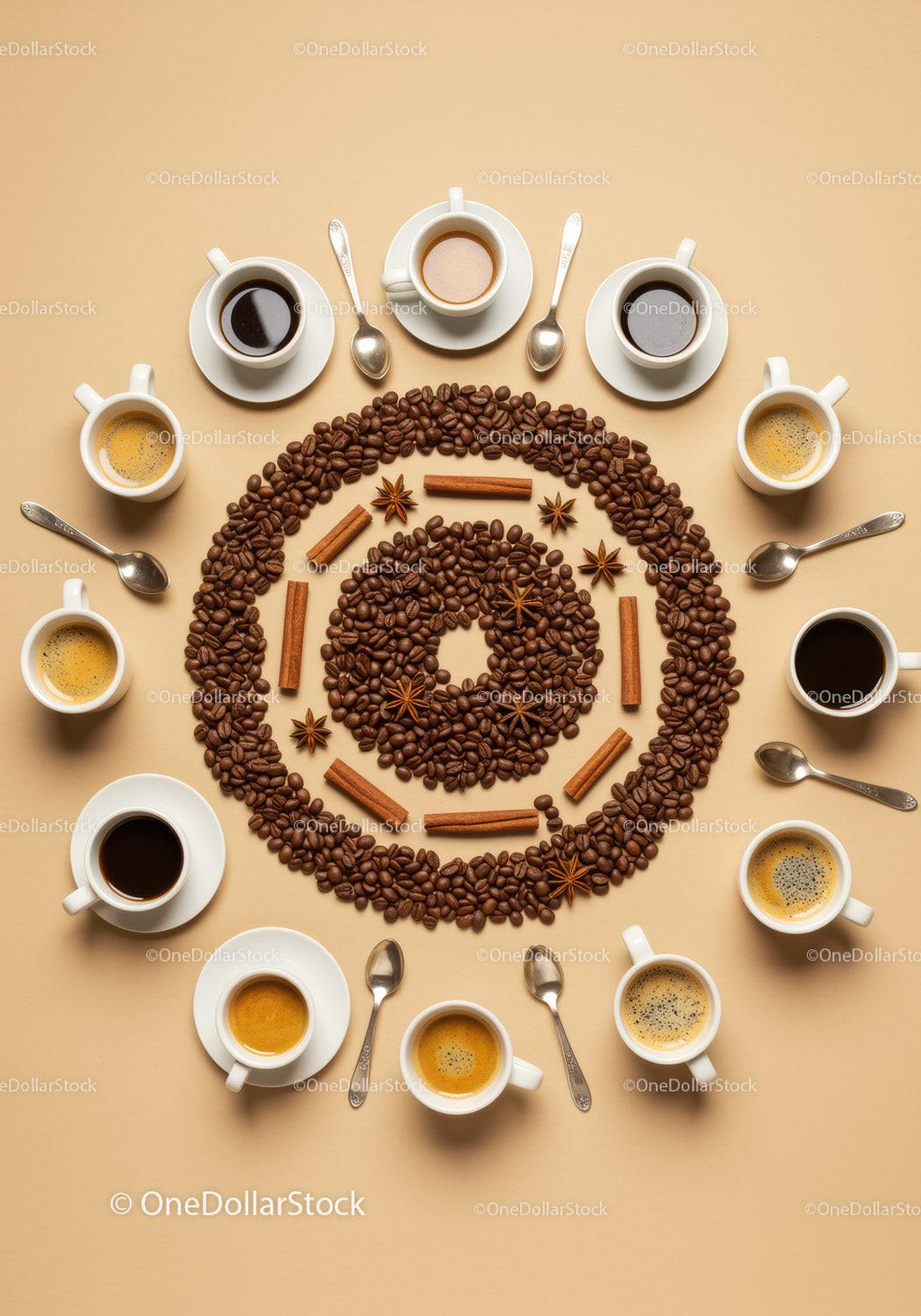 Variety of Coffee Cups Surrounding Beans and Spices Spiral