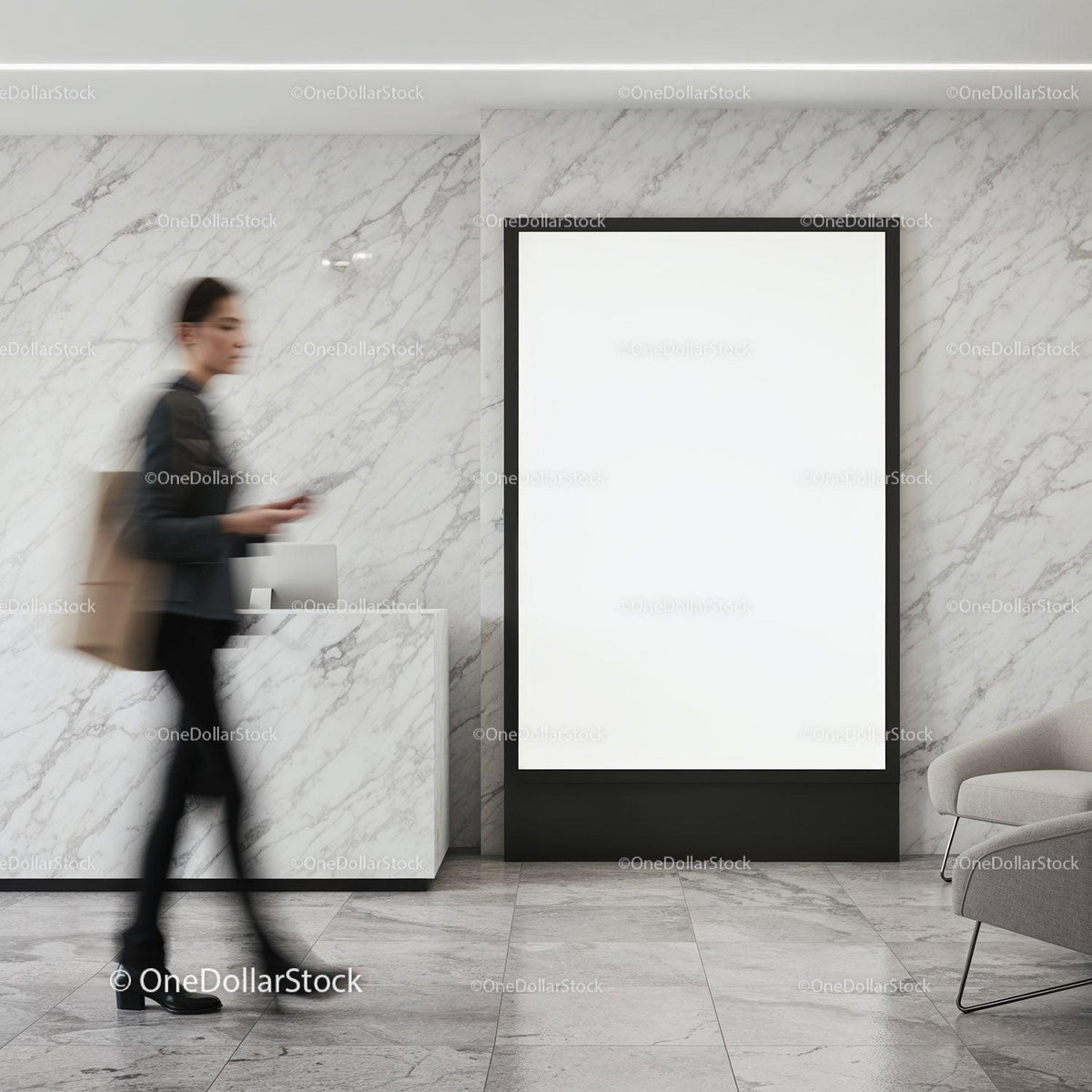 Blurred woman walking past blank advertising poster indoors JPG Mockup Image preview