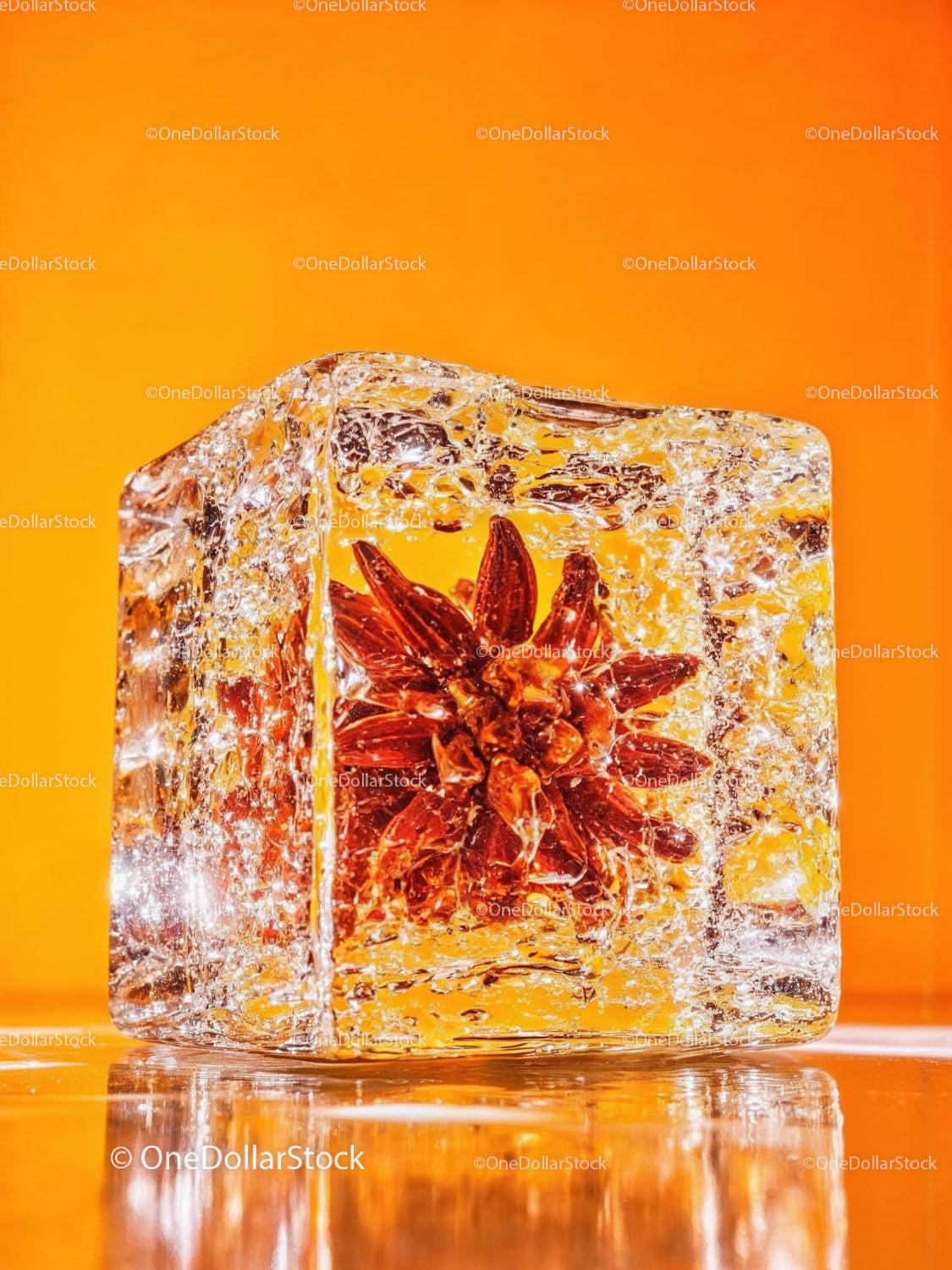 Star Anise Frozen Inside Clear Ice Cube on Orange Background