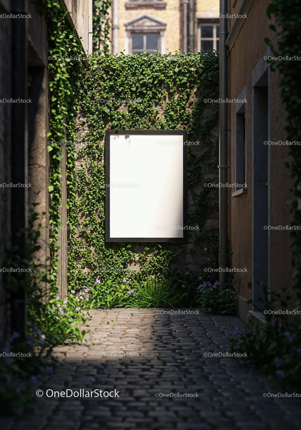 Blank Poster on Ivy Covered Wall in Narrow Alleyway JPG Mockup Image preview