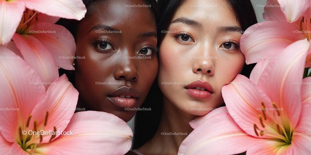 Two Women Framed by Delicate Pink Lilies Stock Photo Bundle preview 14