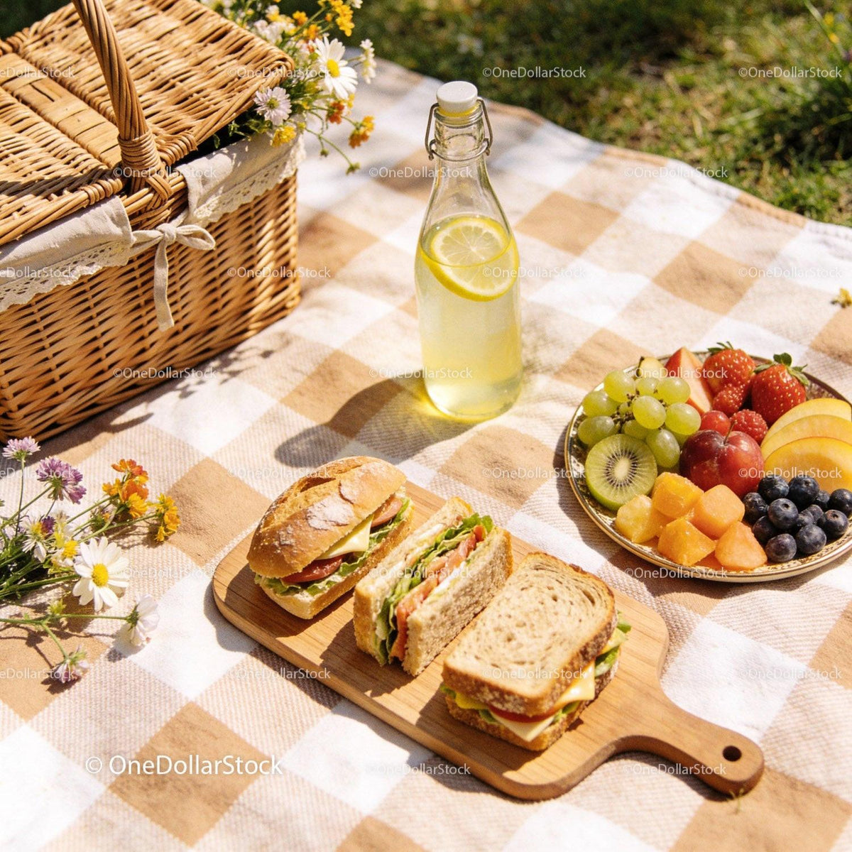 Fresh Picnic with Sandwiches and Fruit on a Sunny Day