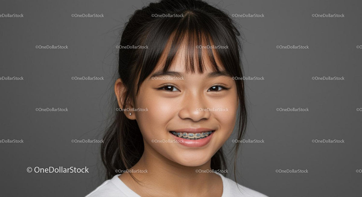 Young Girl Smiling with Braces in Bright Studio Portrait