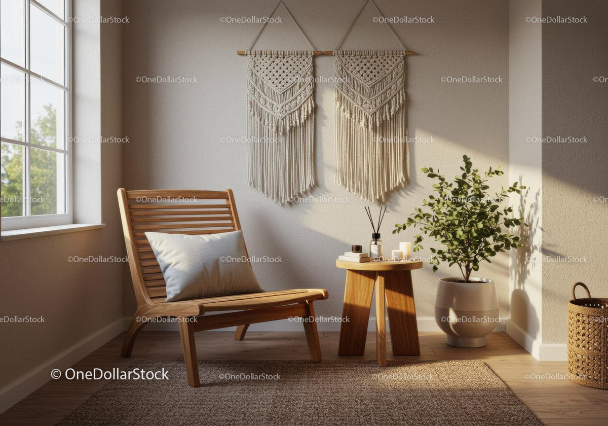 Cozy corner with wooden chair and green plant