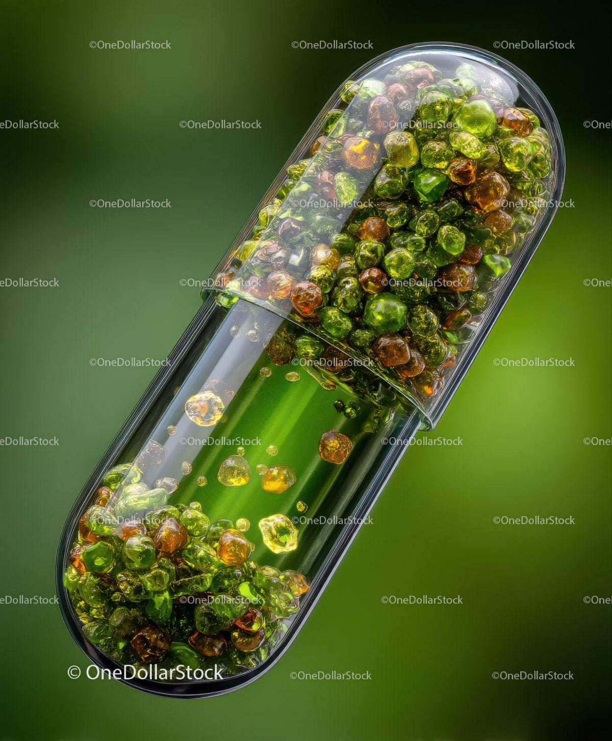Transparent capsule filled with green and amber spherical beads on green background