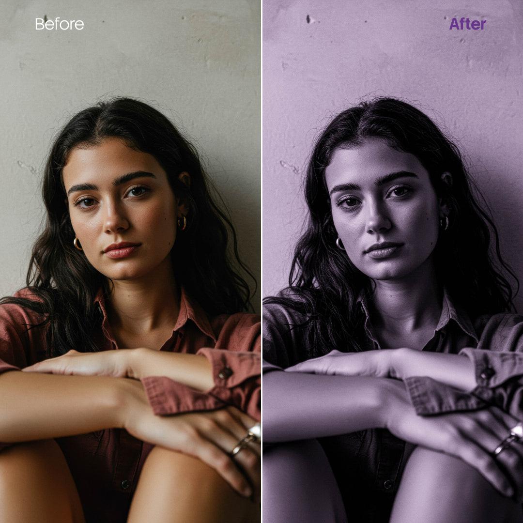 Before and after BW Portraits Purple Lightroom preset edit