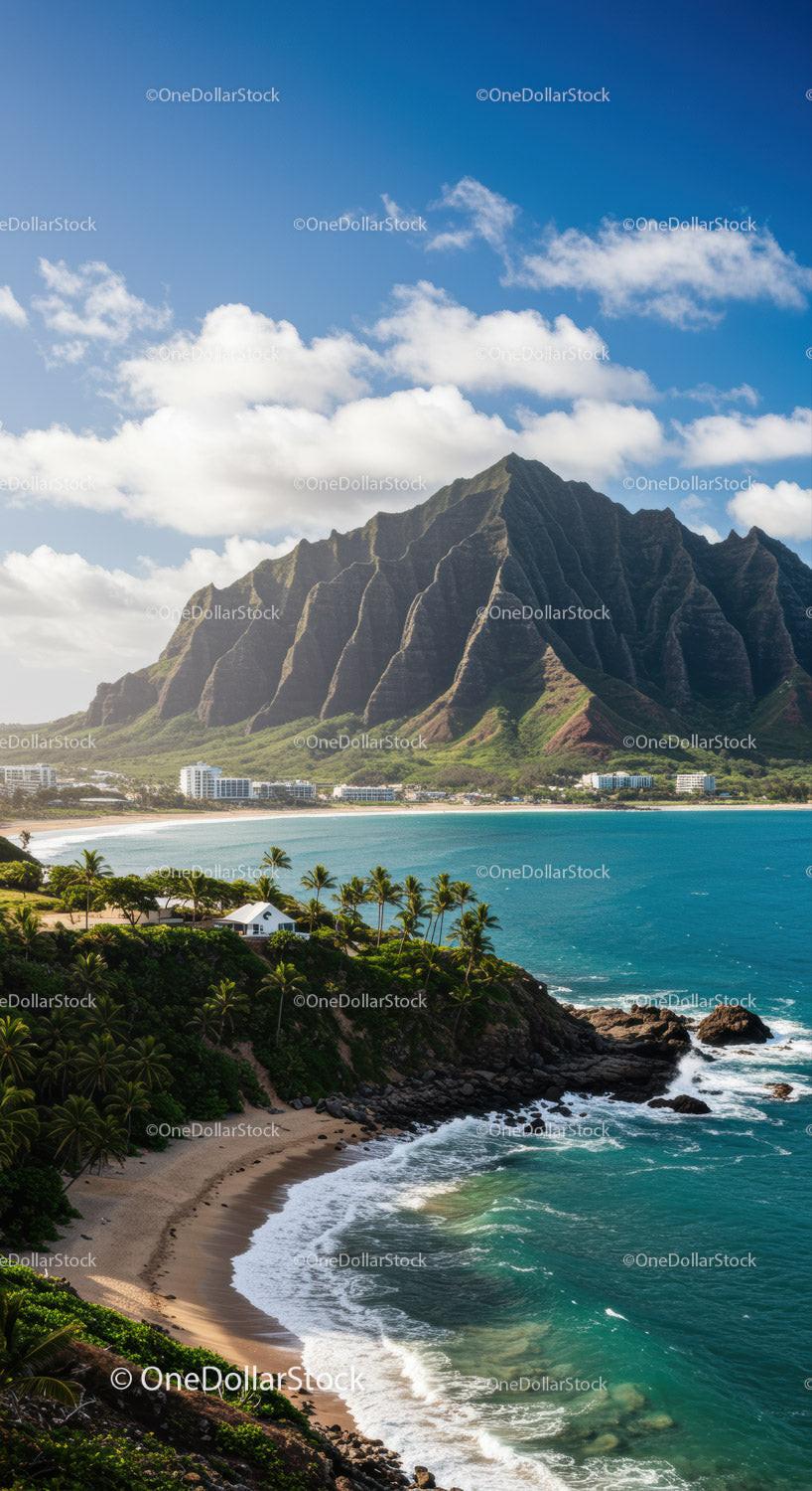 Tropical Mountain Cliff Overlooking Beautiful Ocean Beach Scene