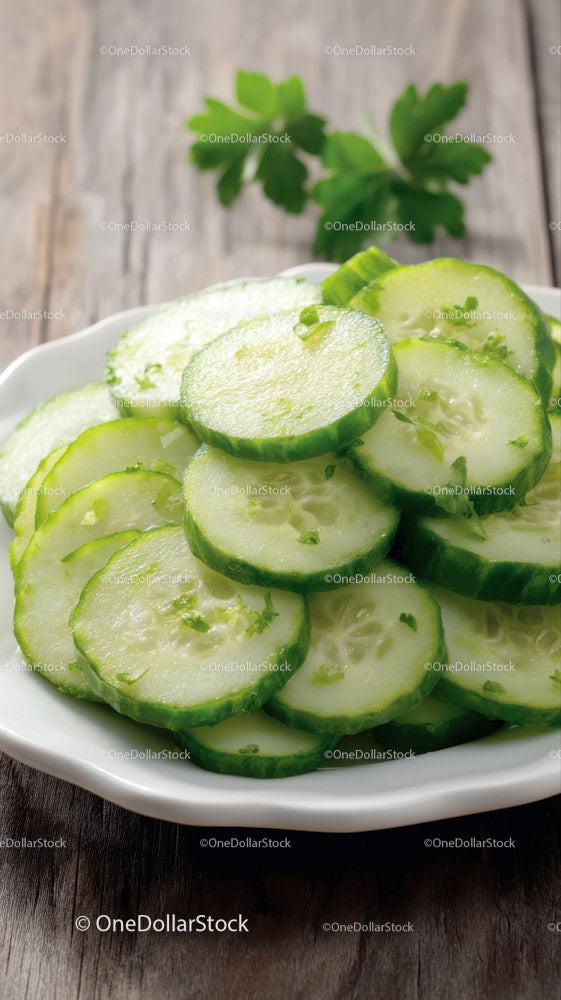 Fresh Sliced Cucumbers on White Plate in Rustic Setting