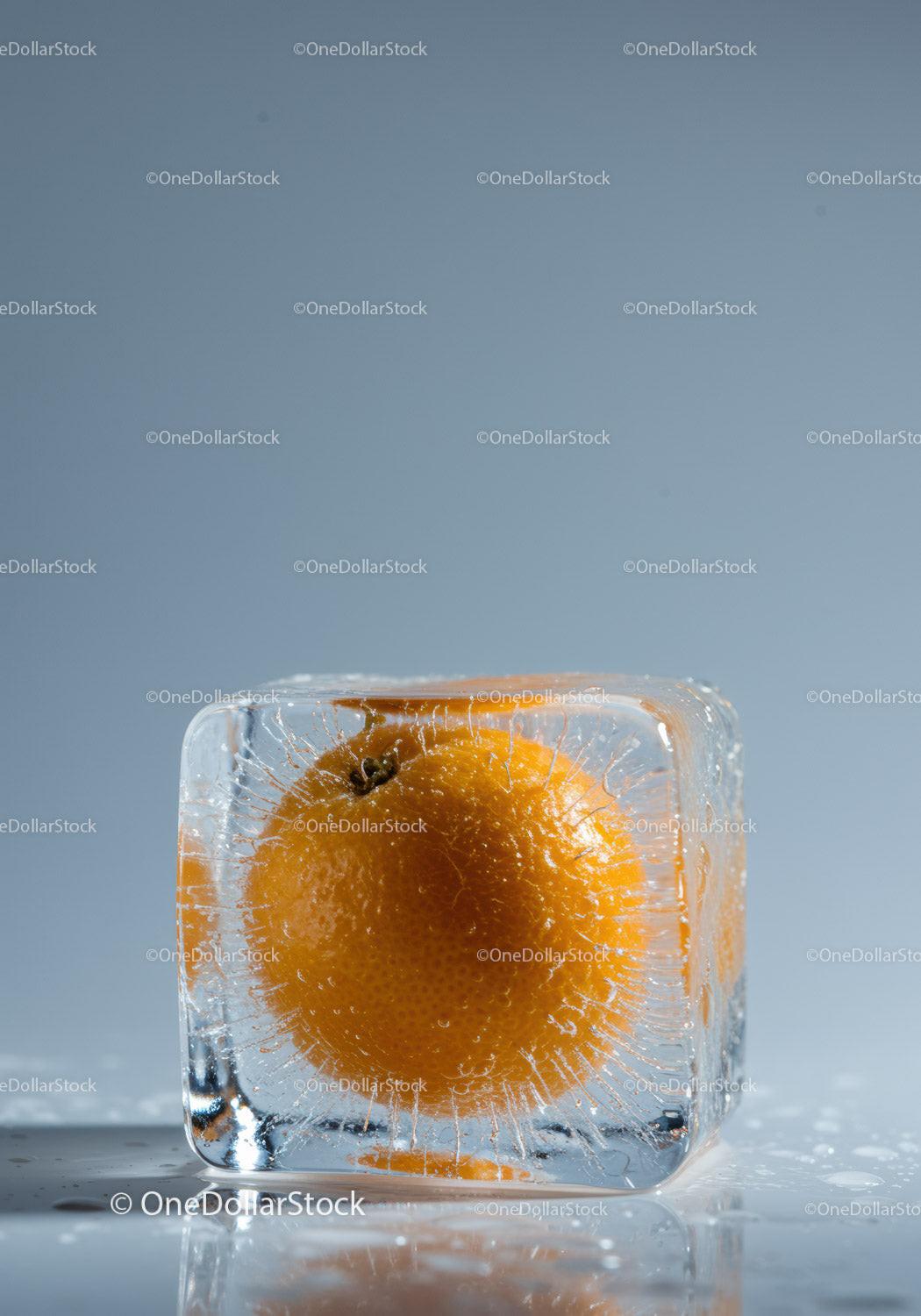 Fresh orange frozen inside clear ice cube