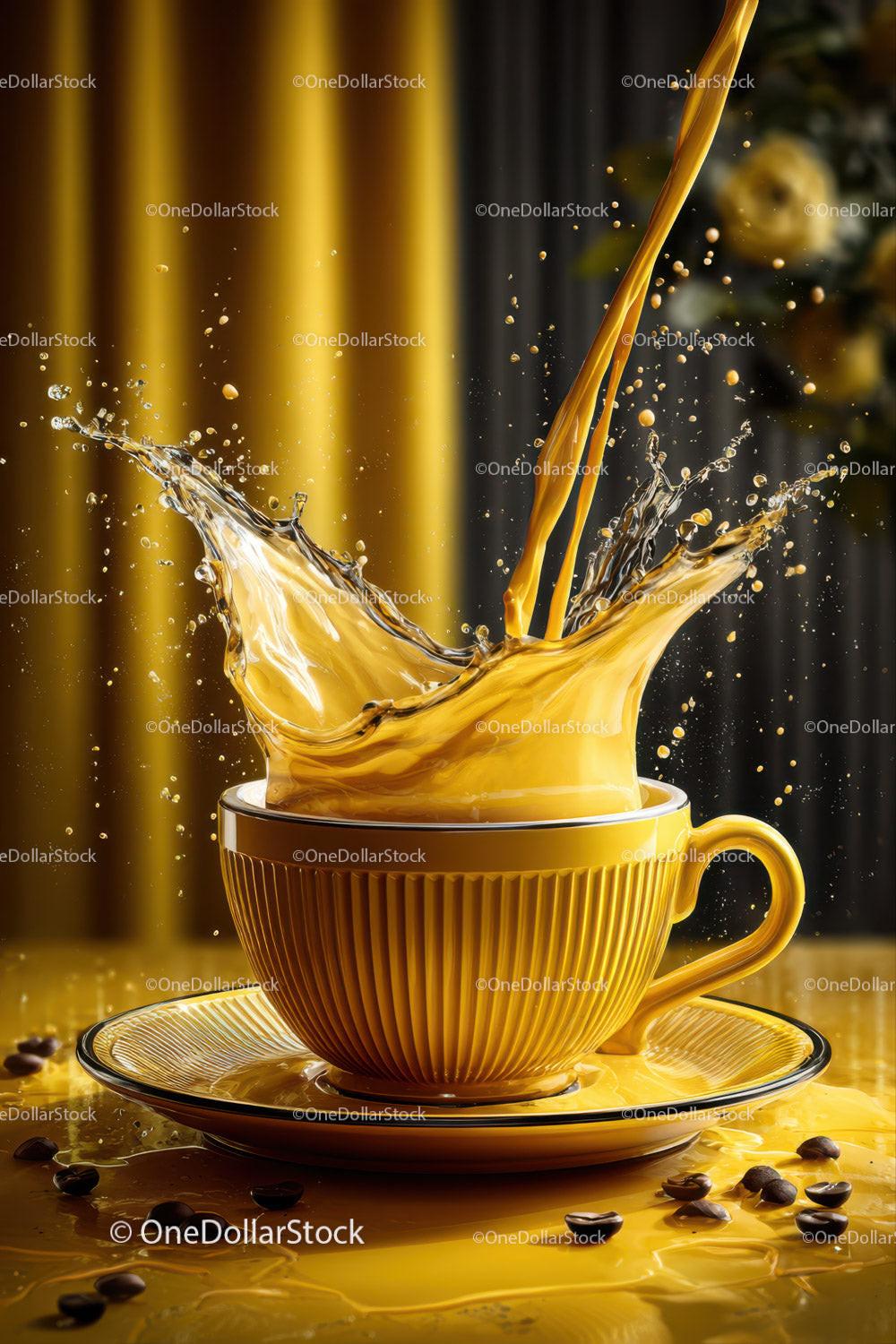 Vibrant Yellow Coffee Cup with Dynamic Splash in Bright Setting