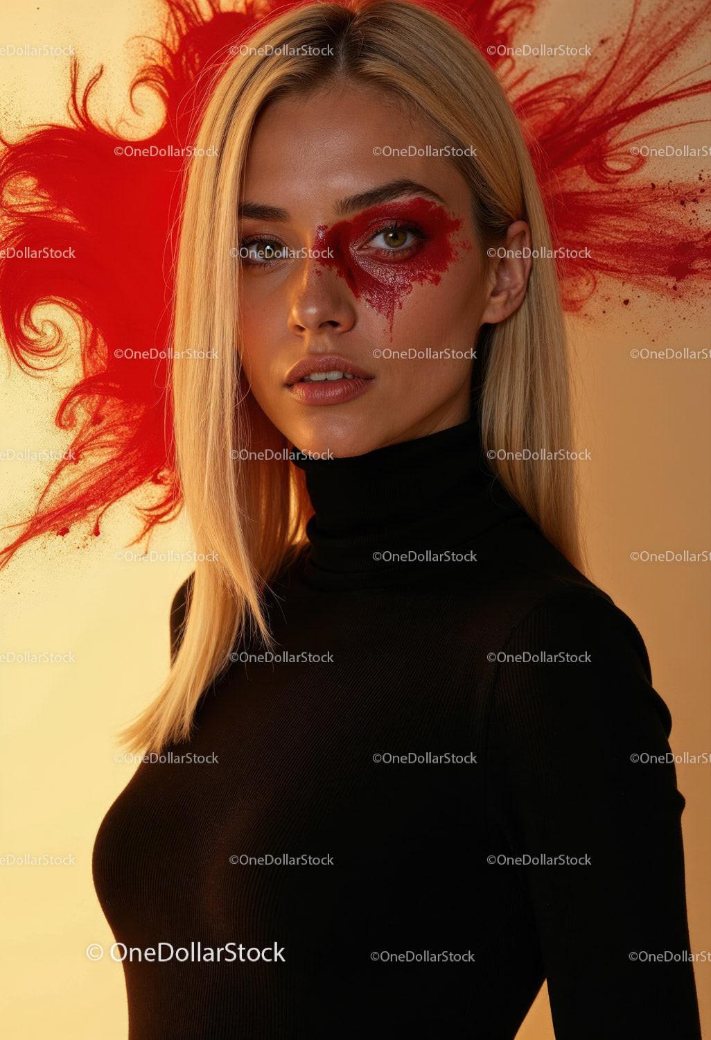 Creative Artistic Makeup Portrait with Red Face Paint and Blonde Hair Stock Photo Bundle preview 34