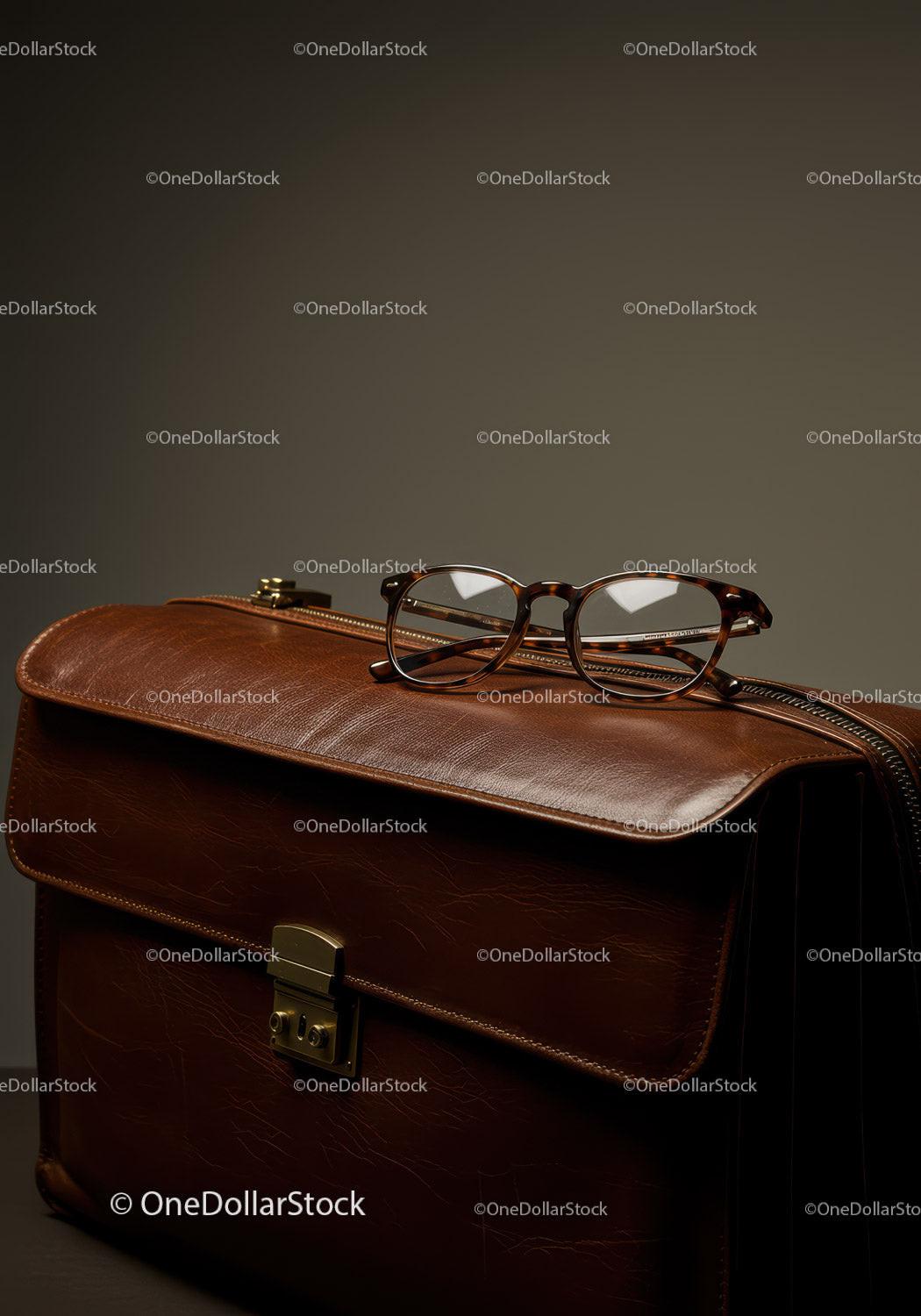 Elegant Leather Briefcase with Glasses on a Dark Background