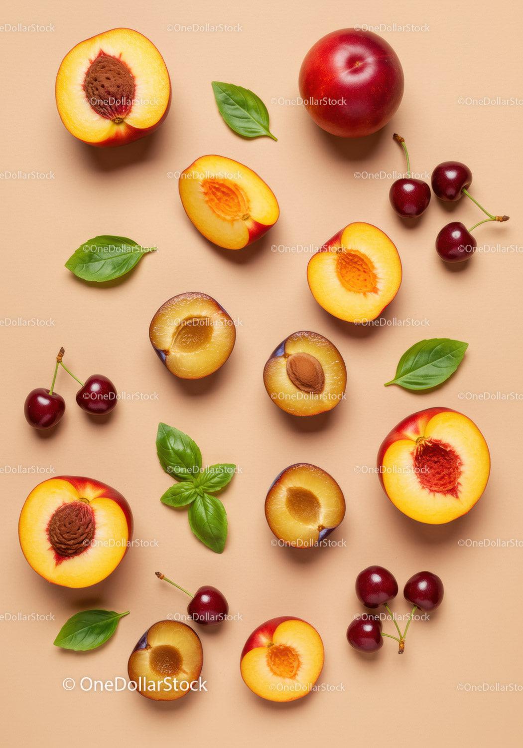 Fresh summer fruits with green basil leaves on beige background