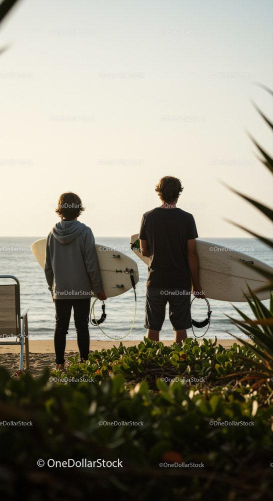 Two Surfers with Surfboards at Beach Ready for Waves Stock Photo Bundle preview 8