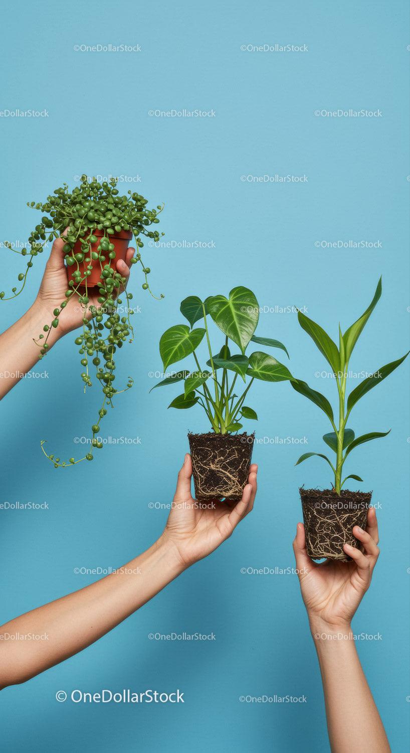 Hands Holding Three Different Healthy Green Plants