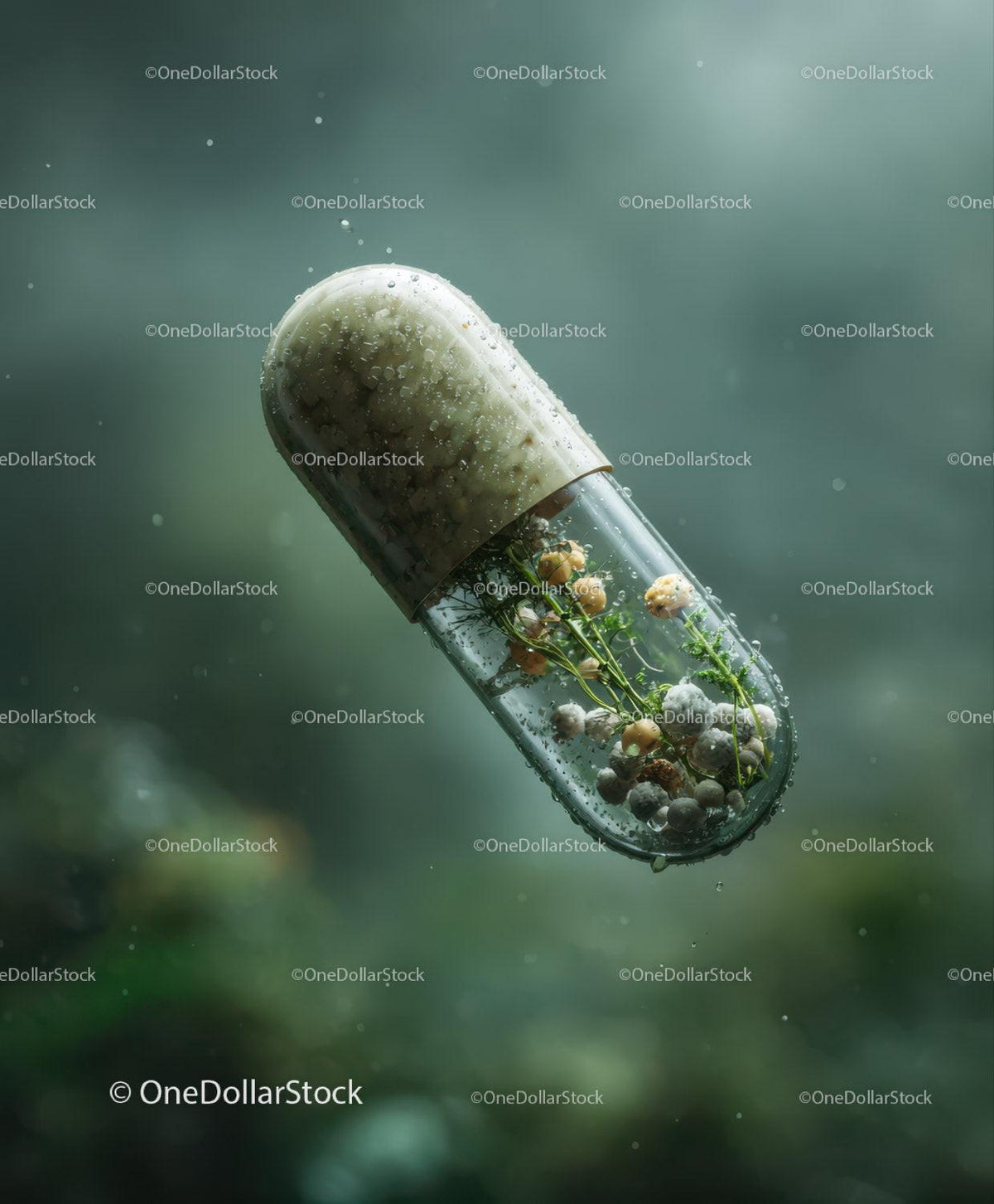 Transparent capsule with small flowers and particles inside floating on green background