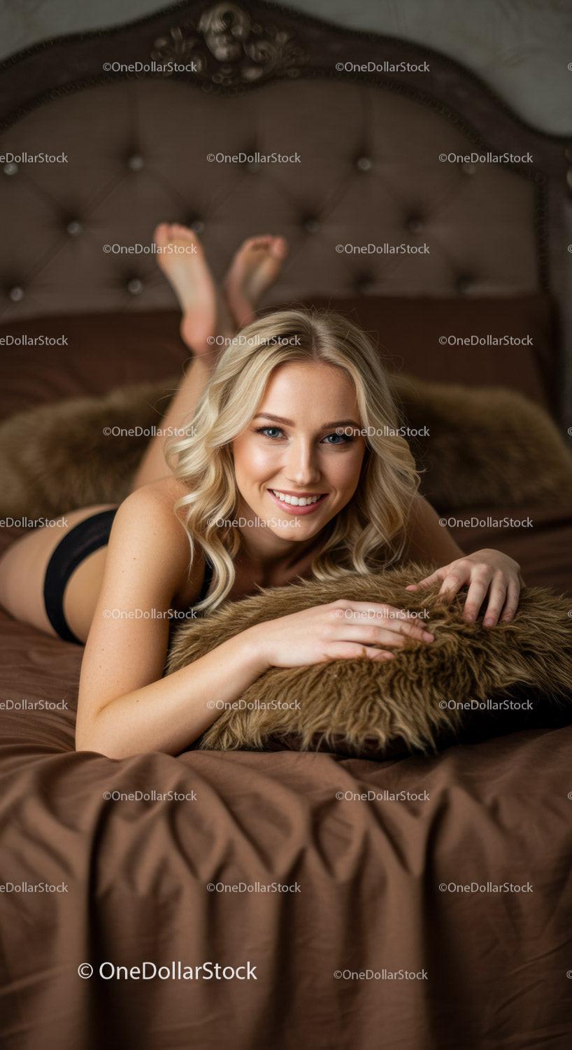 Blonde woman relaxing on bed with cozy fur pillow