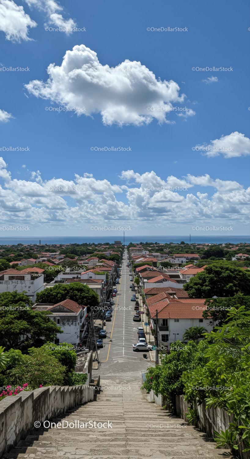 Coastal Residential Neighborhood with Blue Sky and Fluffy Clouds