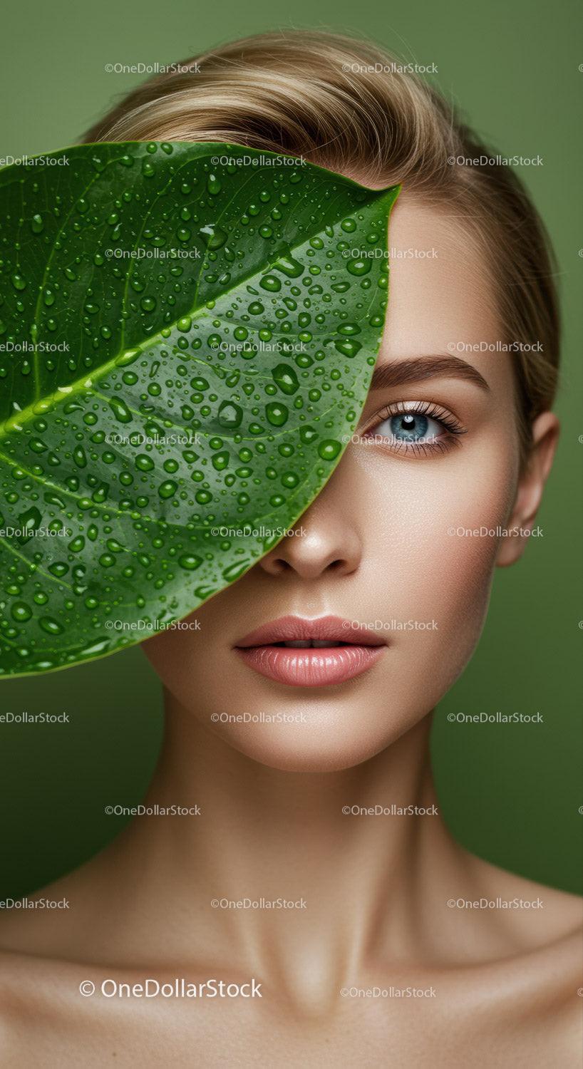 Close-up of Woman with Blue Eye Behind Water Droplet Covered Green Leaf