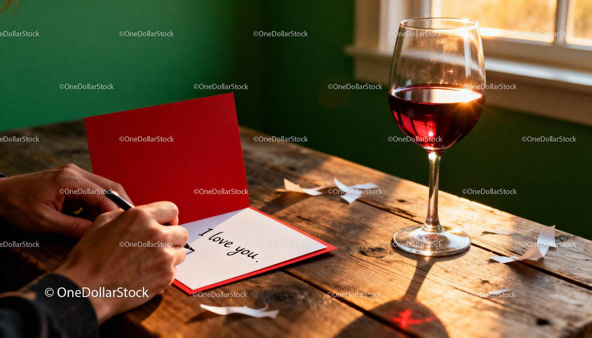 Writing a Romantic Love Note Beside a Glass of Red Wine