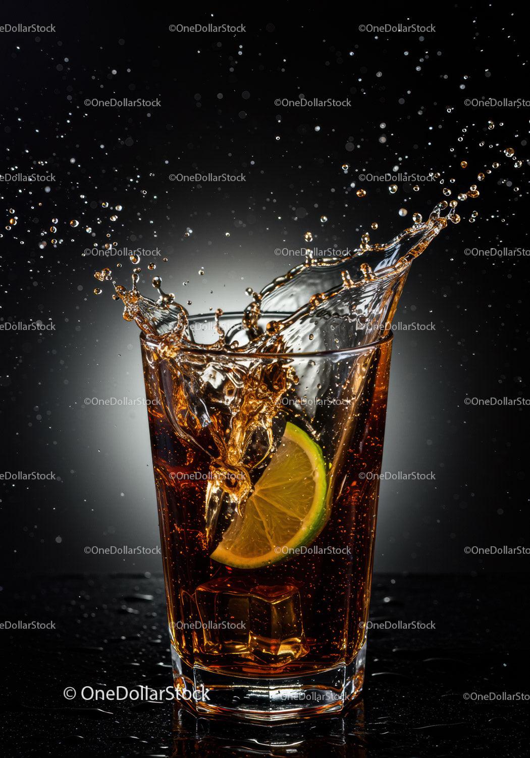Refreshing cola splash with lime and ice cubes
