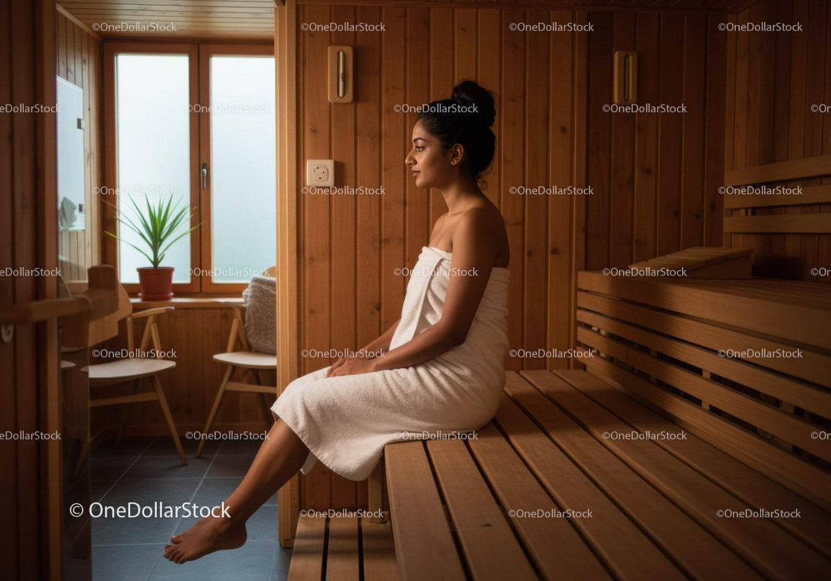 Young Woman Relaxing in Wooden Sauna Room with Terry Towel