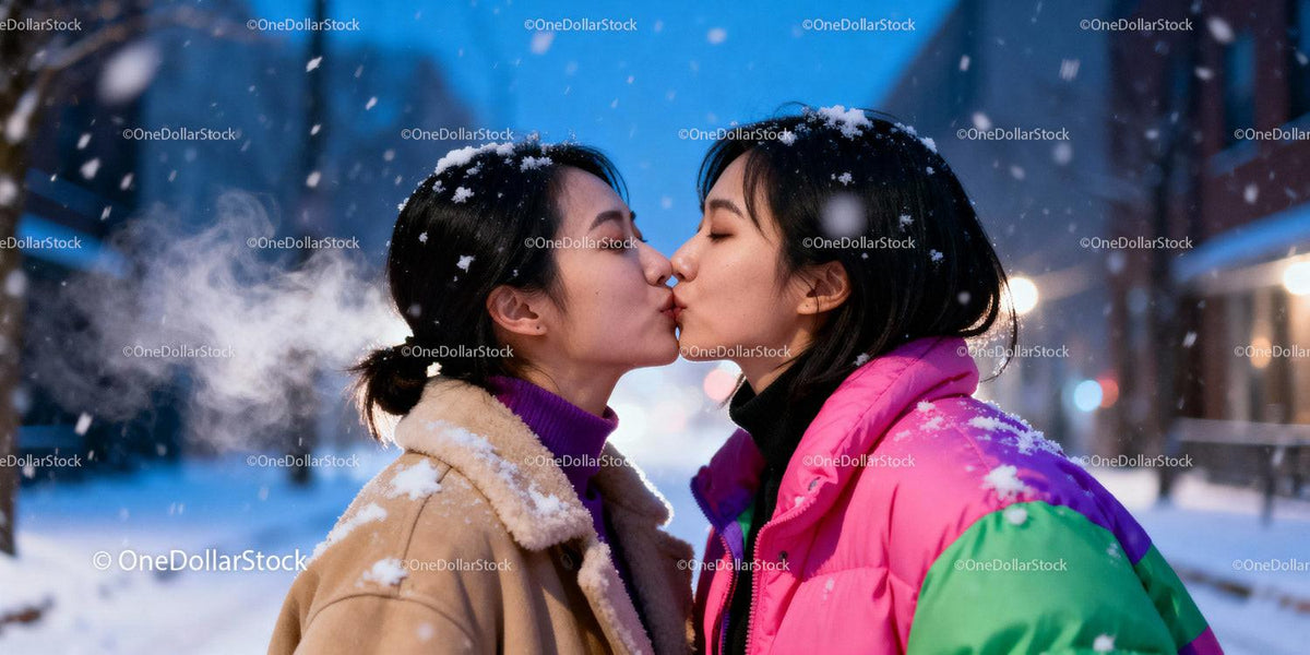 Couple Sharing a Tender Kiss in Snowy Evening