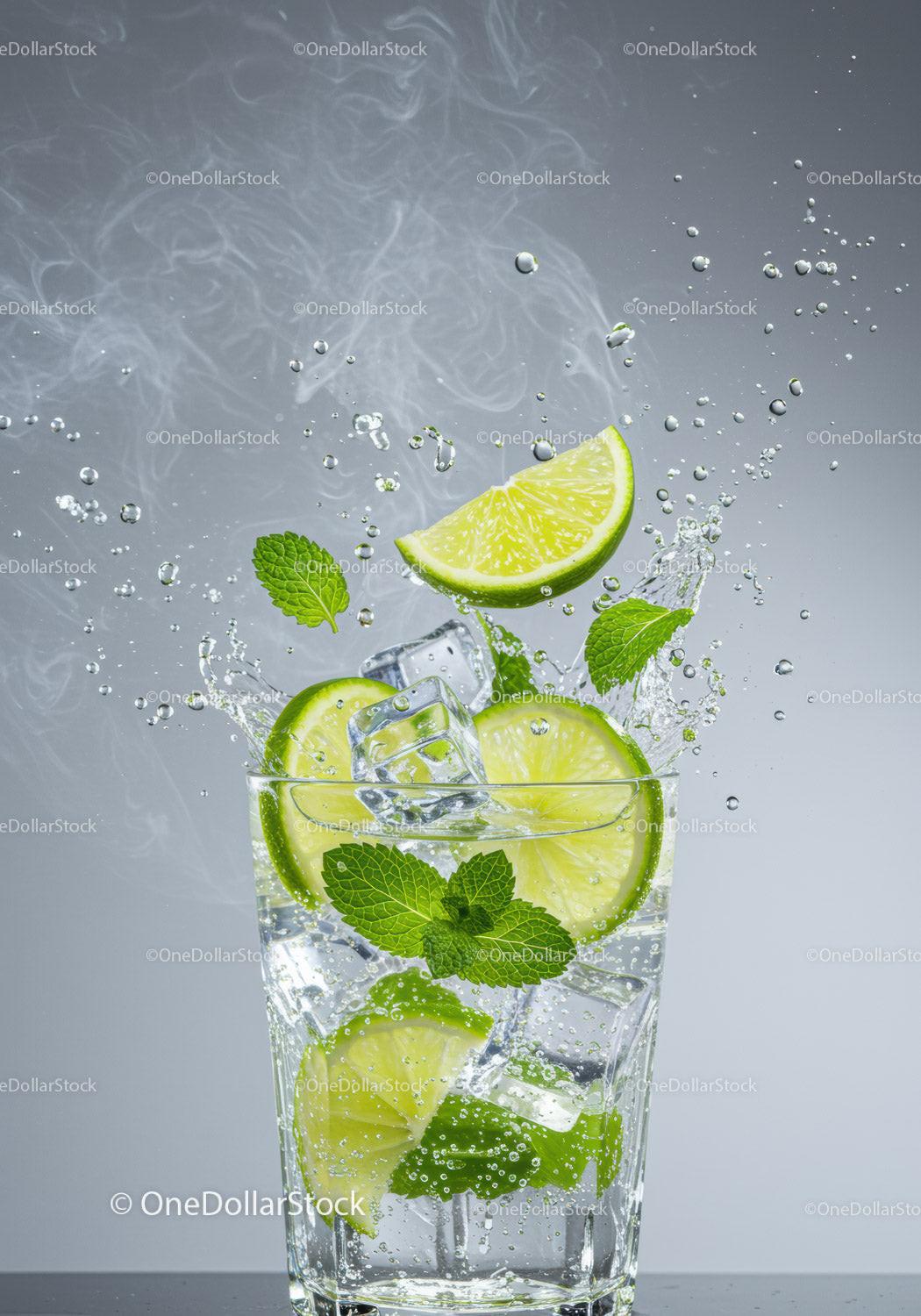 Refreshing lime and mint sparkling water splash