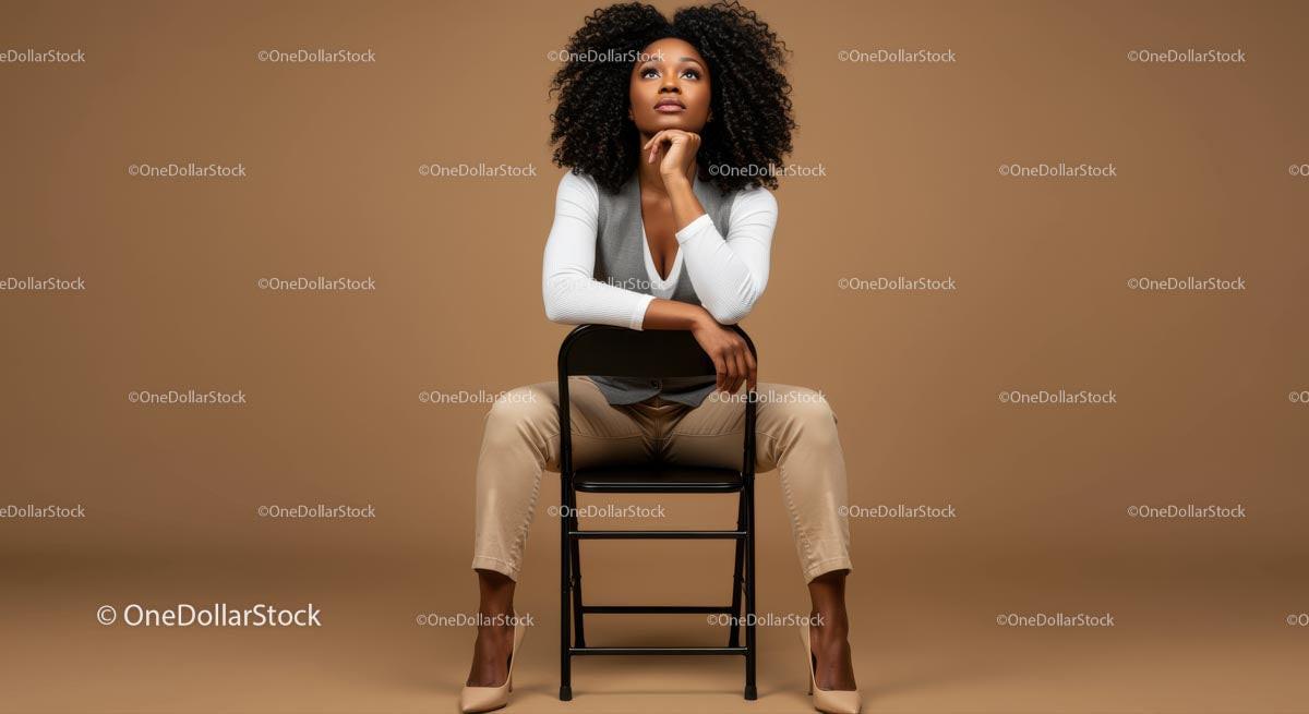 Thoughtful Woman Seated in Elegant Attire Against Brown Background Stock Photo Bundle preview 46