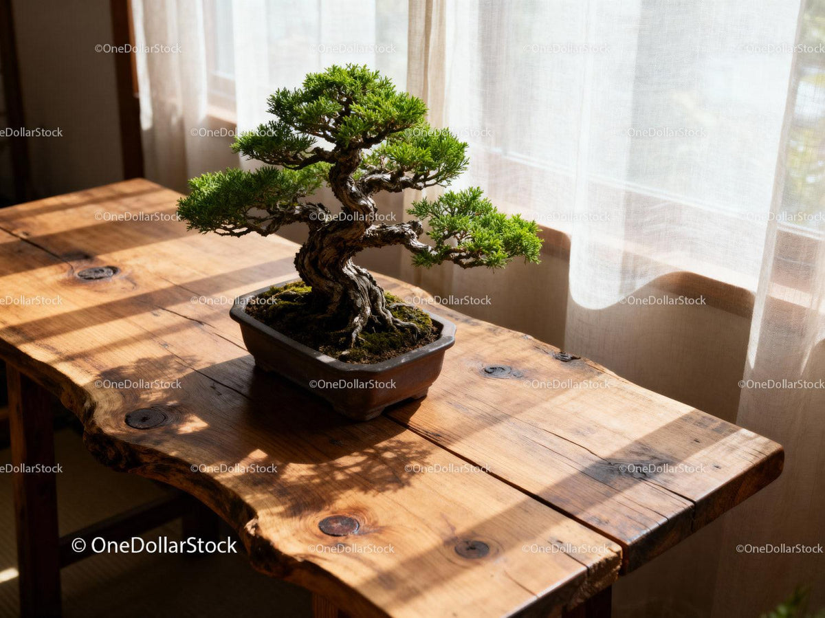 Miniature Bonsai Tree on Rustic Wooden Table by Window